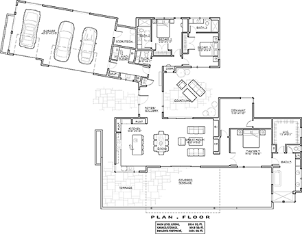 Contemporary, Modern House Plan 43317 with 3 Beds, 4 Baths, 3 Car Garage First Level Plan