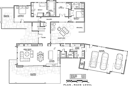Contemporary, Modern House Plan 43318 with 3 Beds, 4 Baths, 3 Car Garage First Level Plan