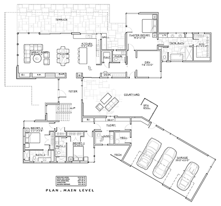 Contemporary, Modern House Plan 43331 with 4 Beds, 5 Baths, 3 Car Garage First Level Plan