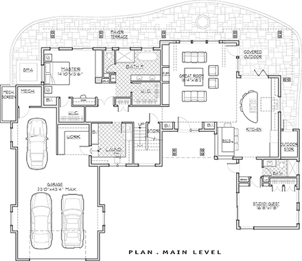 Contemporary, Modern House Plan 43335 with 3 Beds, 3 Baths, 3 Car Garage First Level Plan