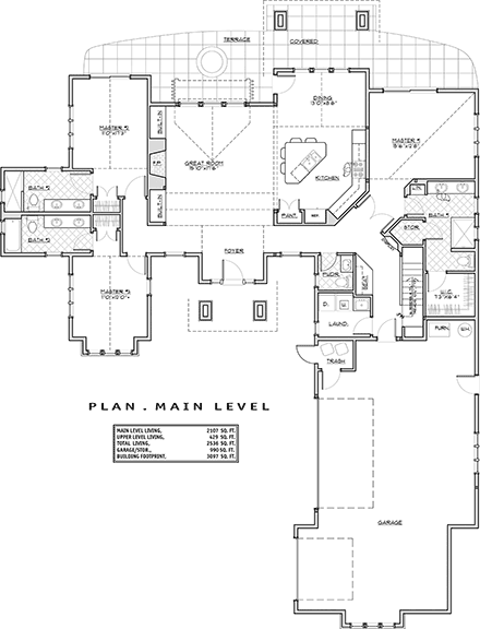 Craftsman, Ranch House Plan 43341 with 3 Beds, 5 Baths, 3 Car Garage First Level Plan