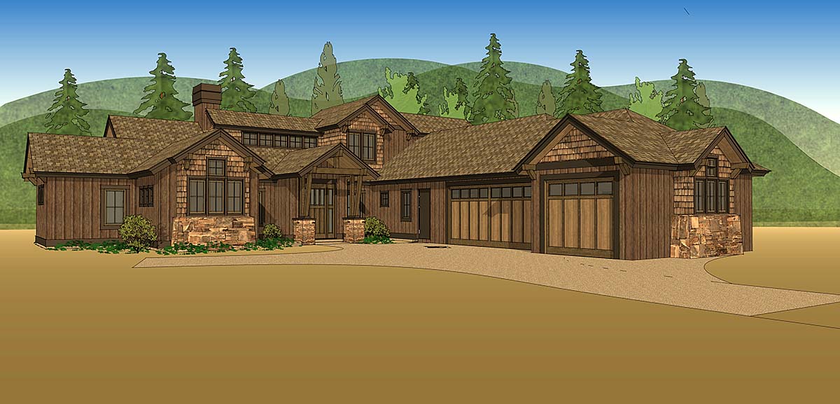 Craftsman, Ranch Plan with 2536 Sq. Ft., 3 Bedrooms, 5 Bathrooms, 3 Car Garage Elevation