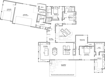 Contemporary, Modern, Ranch House Plan 43342 with 3 Beds, 4 Baths, 3 Car Garage First Level Plan