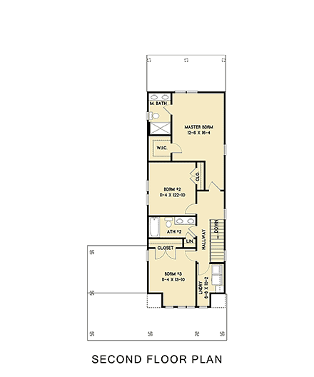Bungalow, Cottage, Narrow Lot, Traditional House Plan 43501 with 4 Beds, 4 Baths Second Level Plan