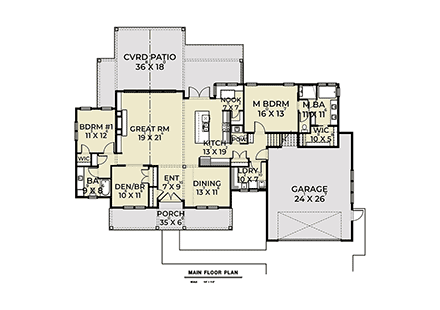 Contemporary, Country, Farmhouse, Ranch House Plan 43606 with 3 Beds, 3 Baths, 2 Car Garage First Level Plan