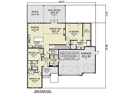 Craftsman, Traditional House Plan 43624 with 3 Beds, 2 Baths, 3 Car Garage First Level Plan
