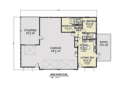 Barndominium Garage-Living Plan 43654 with 2 Beds, 1 Baths, 3 Car Garage First Level Plan