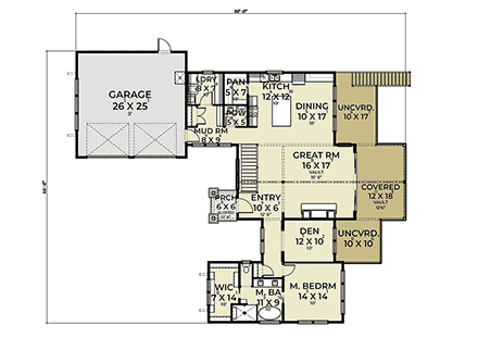 Contemporary, Prairie House Plan 43660 with 4 Beds, 3 Baths, 2 Car Garage First Level Plan