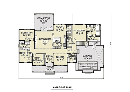Farmhouse House Plan 43664 with 4 Beds, 3 Baths, 2 Car Garage First Level Plan
