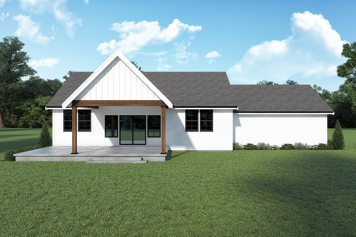 Farmhouse Plan with 1248 Sq. Ft., 2 Bedrooms, 2 Bathrooms, 2 Car Garage Rear Elevation