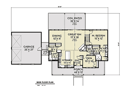Farmhouse House Plan 43669 with 4 Beds, 3 Baths, 2 Car Garage First Level Plan