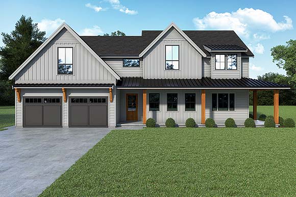 Contemporary, Farmhouse House Plan 43680 with 4 Beds, 3 Baths, 2 Car Garage Elevation