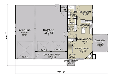 Barndominium, Country, Farmhouse Garage-Living Plan 43689 with 1 Beds, 2 Baths, 3 Car Garage First Level Plan