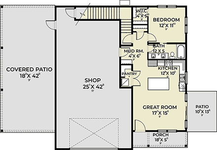 Barndominium Garage-Living Plan 43695 with 1 Beds, 1 Baths, 2 Car Garage First Level Plan