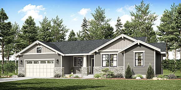 Craftsman, Ranch House Plan 43697 with 3 Beds, 2 Baths, 2 Car Garage Elevation