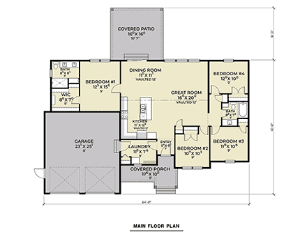 Craftsman, Ranch House Plan 43698 with 4 Beds, 2 Baths, 2 Car Garage First Level Plan