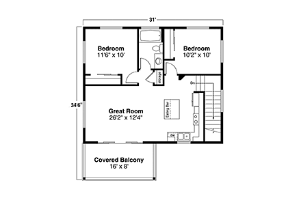 Prairie, Traditional Garage-Living Plan 43705 with 2 Beds, 2 Baths, 2 Car Garage Second Level Plan