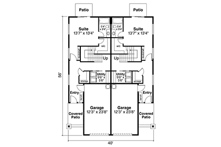 Traditional Multi-Family Plan 43708 with 10 Beds, 10 Baths, 2 Car Garage First Level Plan