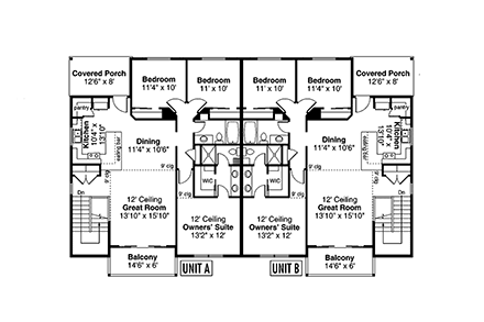 Contemporary, Modern, Prairie Multi-Family Plan 43713 with 6 Beds, 4 Baths, 4 Car Garage First Level Plan
