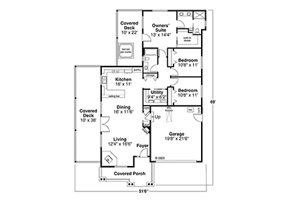 Cottage, Country, Ranch House Plan 43750 with 3 Beds, 2 Baths, 2 Car Garage First Level Plan