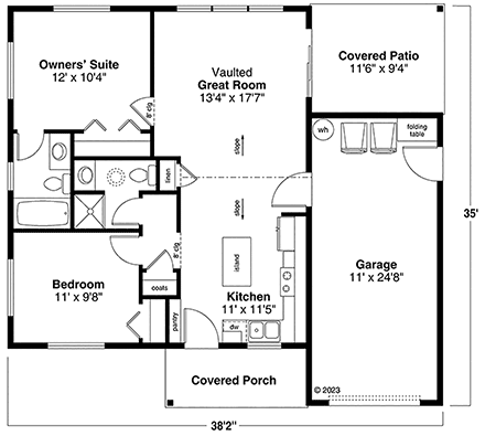Bungalow, Cabin, Cottage, Prairie, Traditional House Plan 43752 with 2 Beds, 2 Baths, 1 Car Garage First Level Plan