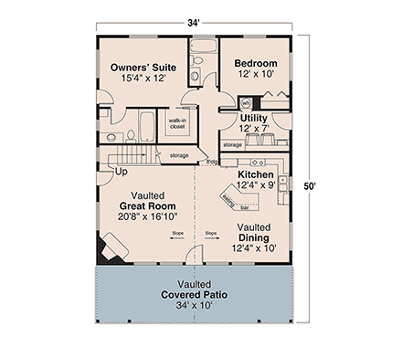 Bungalow, Cabin, Cottage, Country House Plan 43754 with 2 Beds, 2 Baths First Level Plan