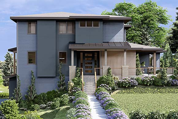 Contemporary, Modern, Prairie House Plan 43777 with 4 Beds, 4 Baths, 2 Car Garage Elevation