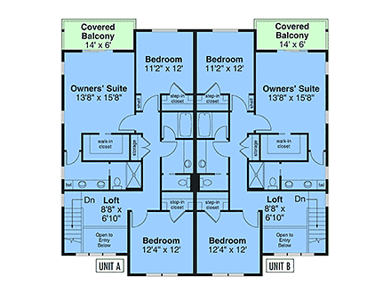 Contemporary, Craftsman, Prairie, Traditional Multi-Family Plan 43790 with 6 Beds, 6 Baths, 2 Car Garage Second Level Plan