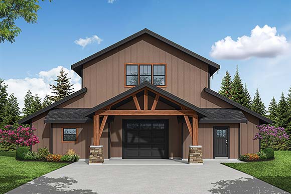 Barndominium, Country, Craftsman, Farmhouse Garage-Living Plan 43795 with 1 Beds, 2 Baths, 4 Car Garage Elevation