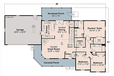 Cottage, Country, Ranch House Plan 43799 with 3 Beds, 2 Baths, 2 Car Garage First Level Plan