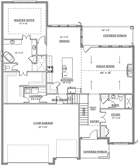 Craftsman, Farmhouse House Plan 43801 with 3 Beds, 3 Baths, 3 Car Garage First Level Plan