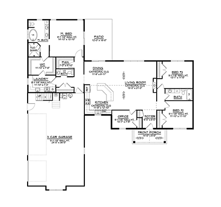 Country, Ranch House Plan 43910 with 3 Beds, 3 Baths, 3 Car Garage First Level Plan