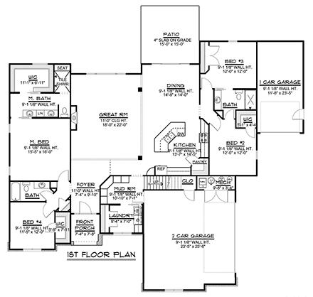 House Plan 43916 - Ranch Style with 2806 Sq Ft, 4 Bed, 3 Bath