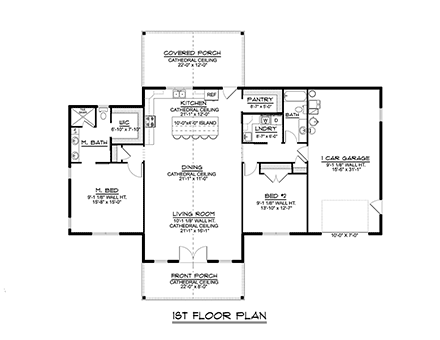 Country, Ranch House Plan 43921 with 2 Beds, 2 Baths, 1 Car Garage First Level Plan