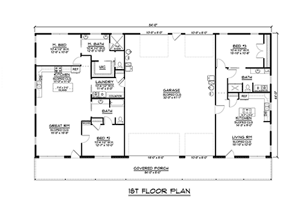 Barndominium, Country, Ranch Multi-Family Plan 43926 with 3 Beds, 3 Baths, 3 Car Garage First Level Plan
