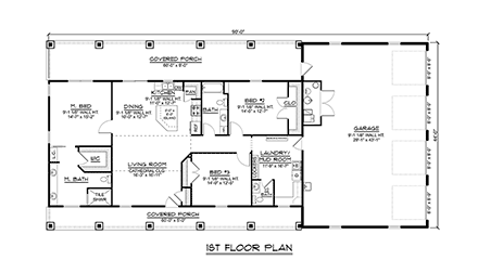 Country, Ranch House Plan 43931 with 3 Beds, 3 Baths, 4 Car Garage First Level Plan