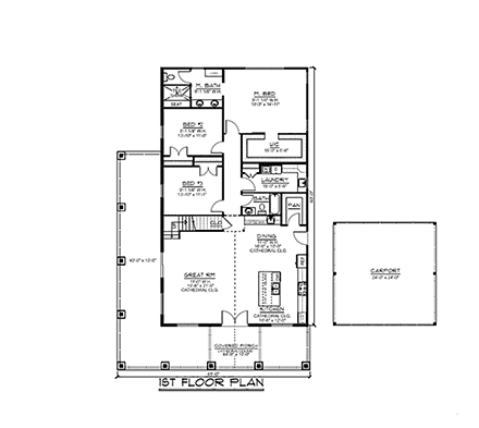 Barndominium, Country House Plan 43934 with 3 Beds, 2 Baths, 2 Car Garage First Level Plan