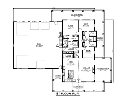 Barndominium, Country House Plan 43937 with 3 Beds, 3 Baths, 2 Car Garage First Level Plan