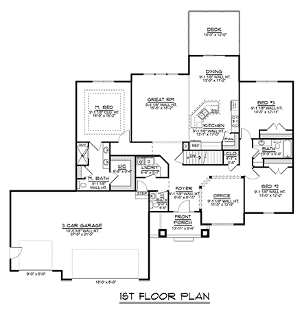Country, Traditional House Plan 43945 with 3 Beds, 3 Baths, 3 Car Garage First Level Plan