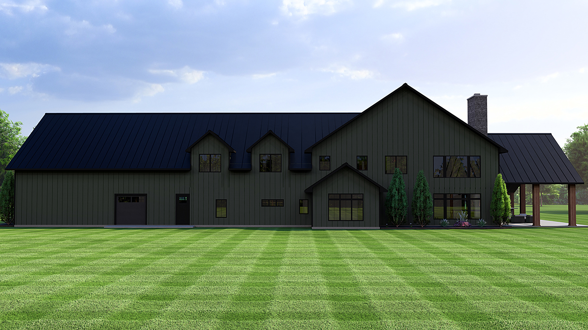 Barndominium, Country Plan with 6218 Sq. Ft., 5 Bedrooms, 4 Bathrooms, 5 Car Garage Rear Elevation