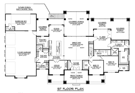 Country, Craftsman, Ranch House Plan 43960 with 3 Beds, 4 Baths, 3 Car Garage First Level Plan