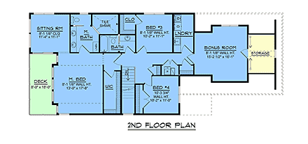 Coastal, Craftsman, Narrow Lot House Plan 43962 with 4 Beds, 3 Baths, 2 Car Garage Second Level Plan