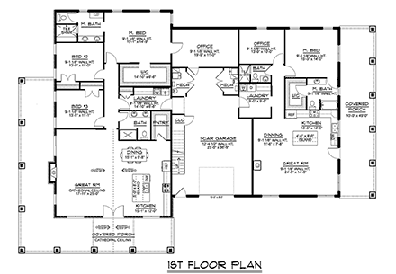Barndominium, Modern House Plan 43966 with 4 Beds, 4 Baths, 1 Car Garage First Level Plan