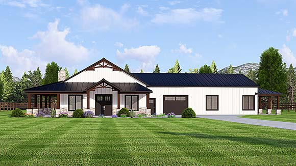 Barndominium, Modern House Plan 43966 with 4 Beds, 4 Baths, 1 Car Garage Elevation