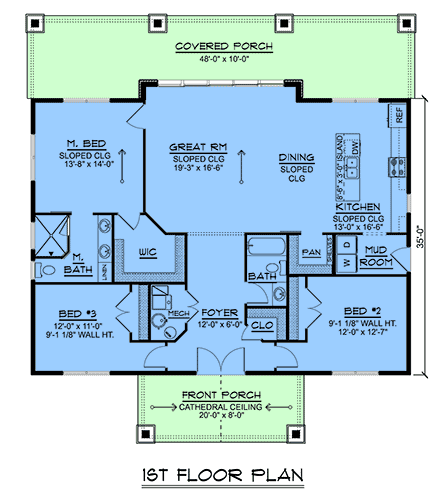 Contemporary, Modern House Plan 43974 with 3 Beds, 2 Baths First Level Plan