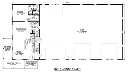 Barndominium, Country House Plan 43978 with 1 Beds, 2 Baths, 3 Car Garage First Level Plan
