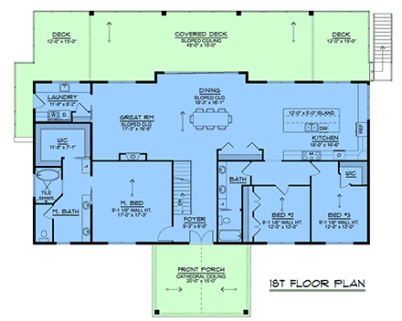 Contemporary, Modern House Plan 43981 with 3 Beds, 2 Baths First Level Plan