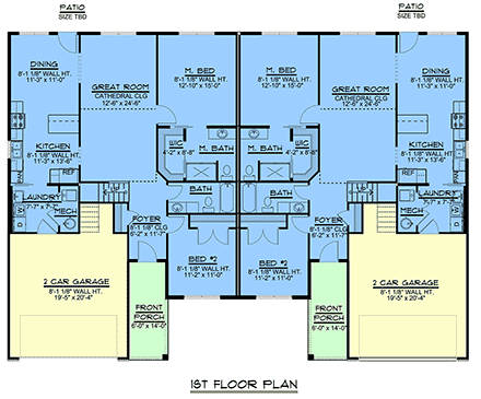 Cottage, Country, Craftsman, Ranch, Traditional Multi-Family Plan 43983 with 6 Beds, 4 Baths, 2 Car Garage First Level Plan
