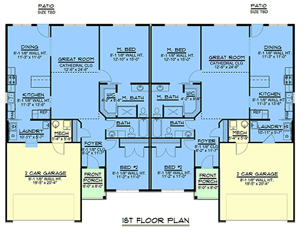 Cottage, Country, Craftsman, Ranch, Traditional Multi-Family Plan 43985 with 4 Beds, 4 Baths, 4 Car Garage First Level Plan
