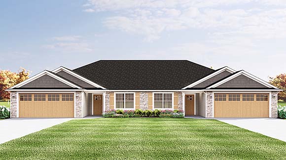 Cottage, Country, Craftsman, Ranch, Traditional Multi-Family Plan 43985 with 4 Beds, 4 Baths, 4 Car Garage Elevation